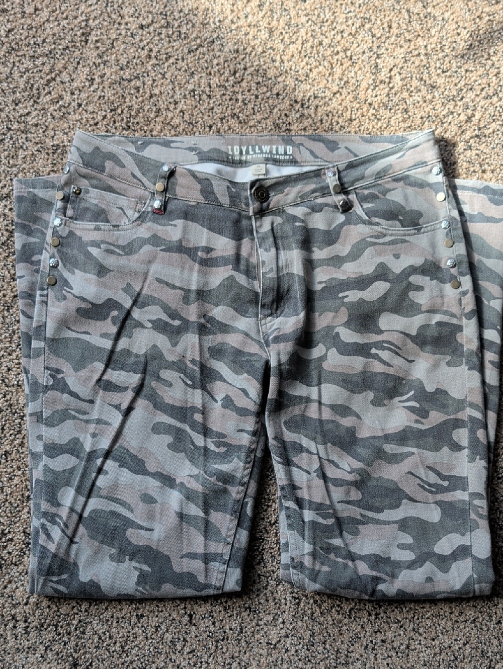 Idyllwind Gray and Olive Camo Jeans with Stud Accents